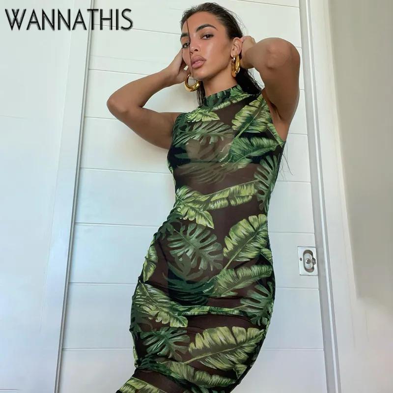 WannaThis-프린팅 민소매 탱크 드레스, 여성 로브 플로럴 바디콘 터틀넥 미드 카프 파티 드레스, 여성 패션 여름 드레스